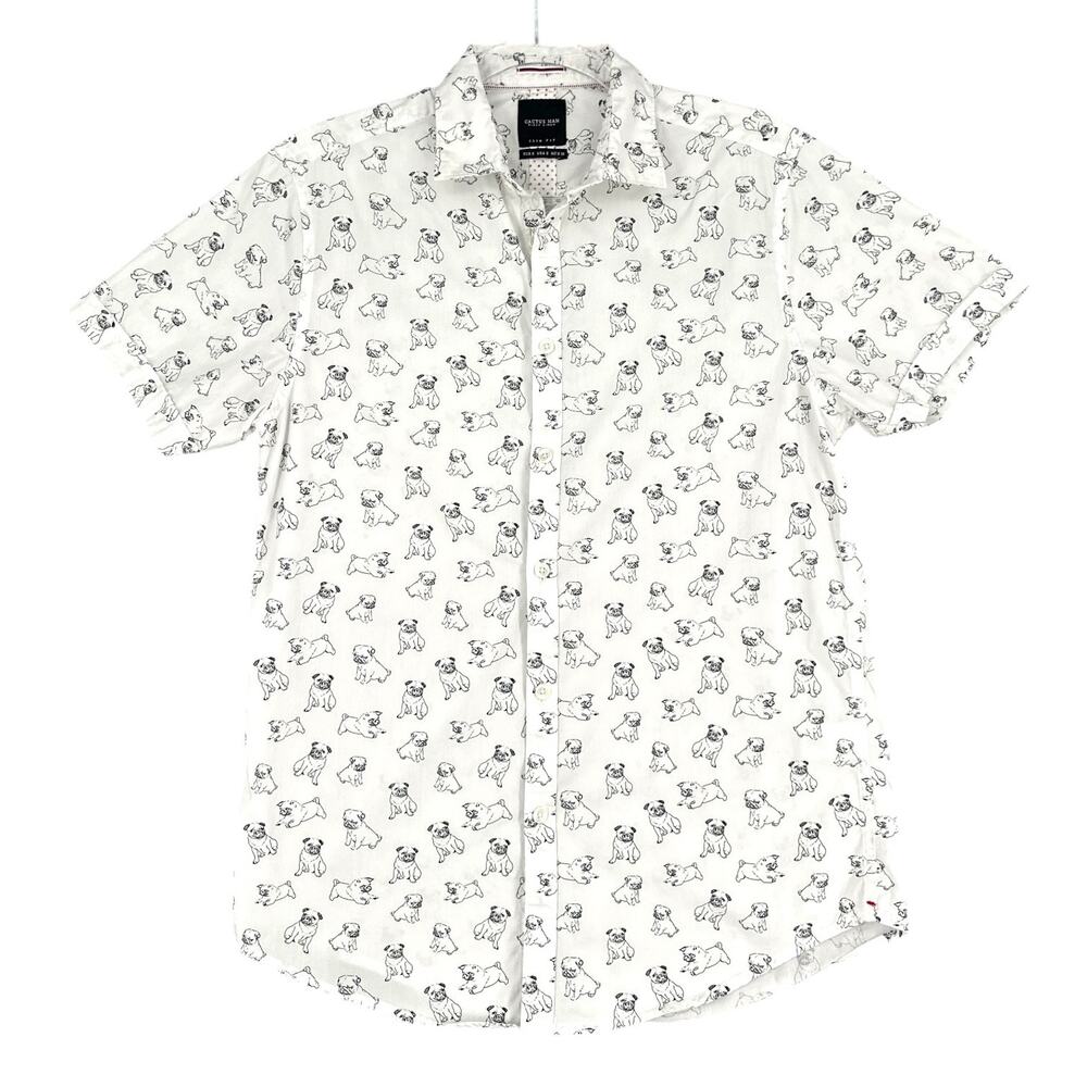 CACTUS MAN Ricky Singh White Black Pug Print Slim Fit Short‎ Sleeve Shirt S